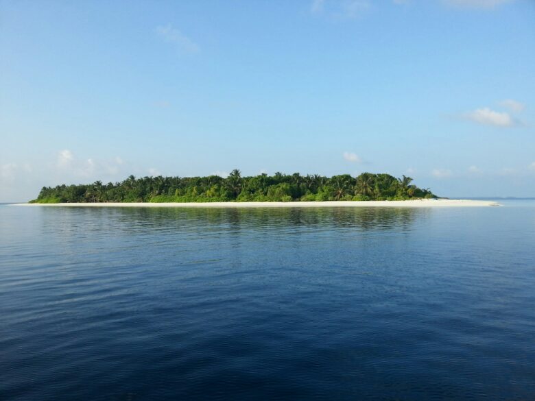 An isolated island with beaches and trees in the distance.